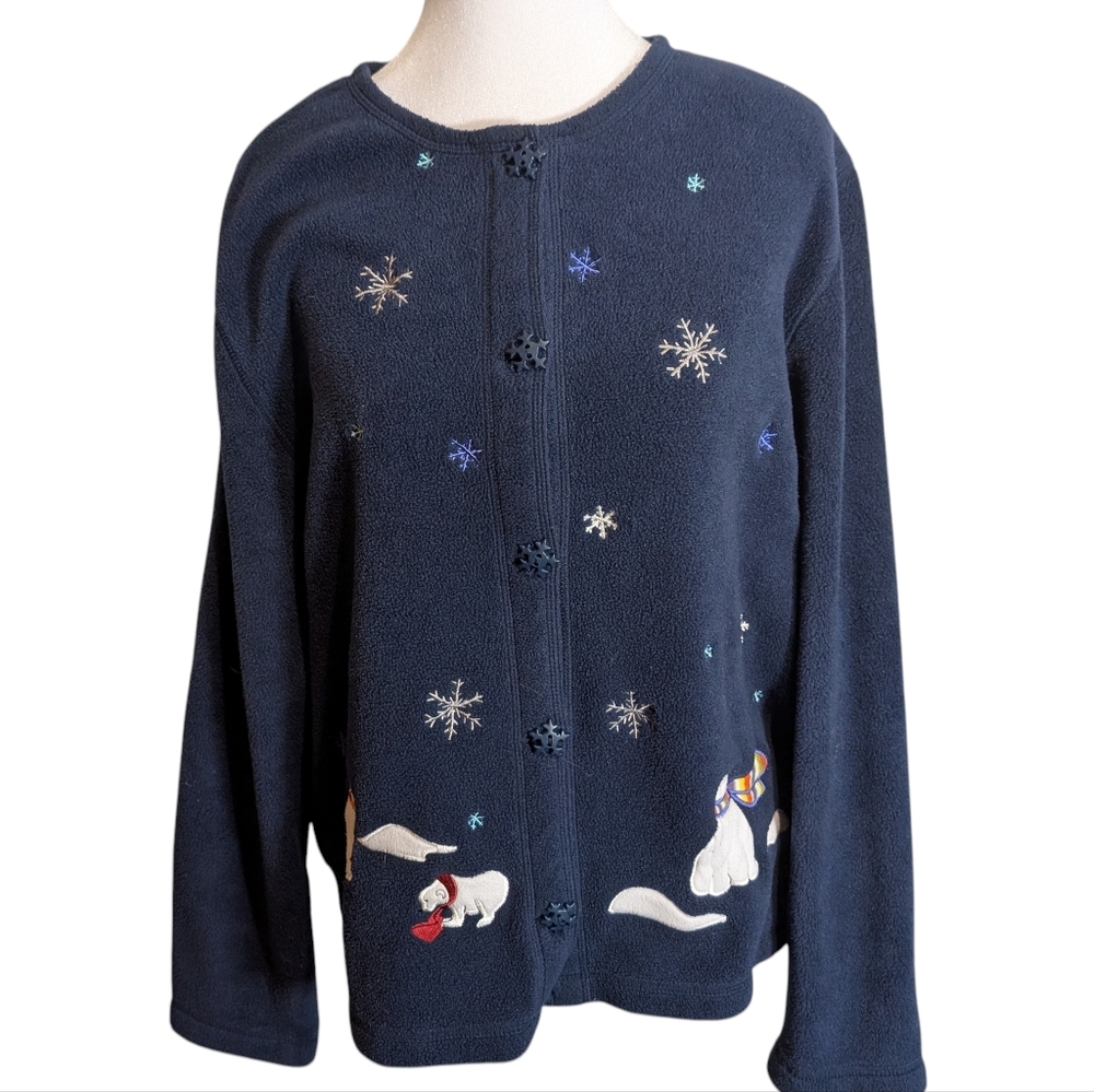 VTG Croft & Barrow Women's Blue Holiday Sweater Cardigan Polar Bears Sz L